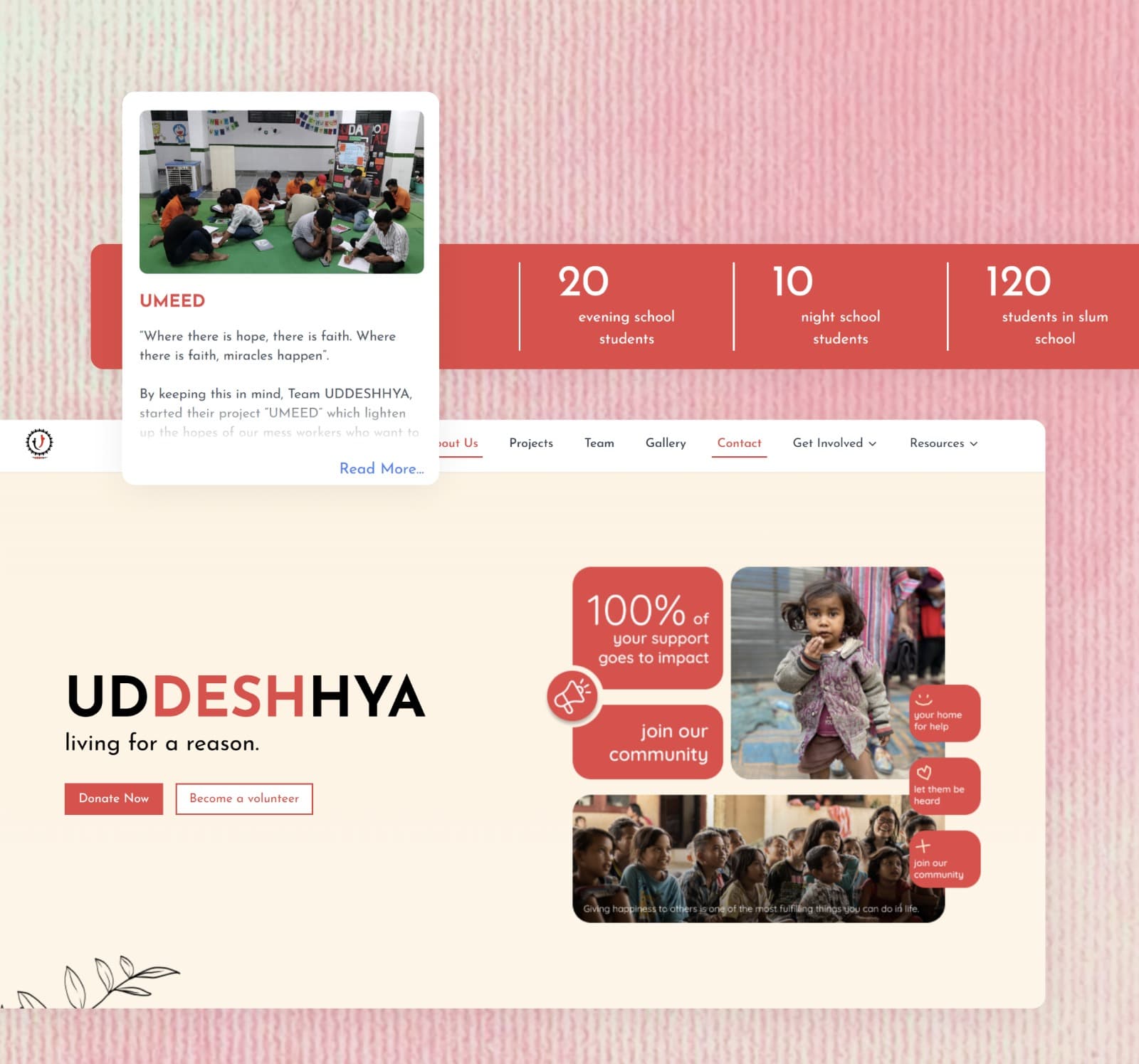 Uddeshhya NGO homepage hero with donate and volunteer calls-to-action alongside community impact photos.